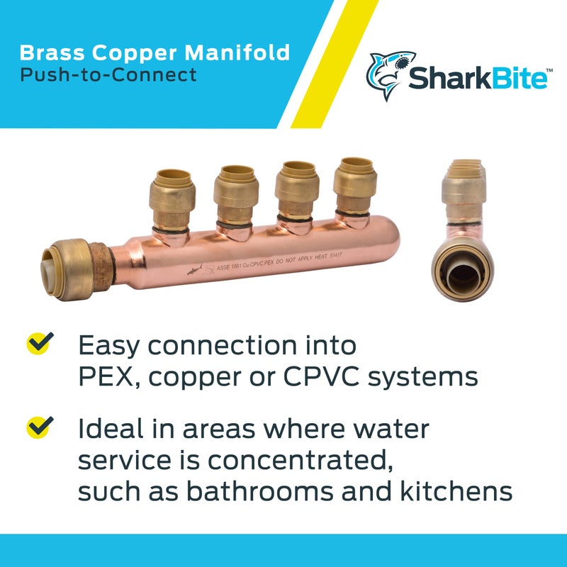 SharkBite 3/4 Inch x 1/2 Inch Outlet 4 Port Closed Multi-Port Tee, Push to Connect Brass Plumbing Fittings, PEX Pipe, Copper, PVC, 25555LF - Image 4